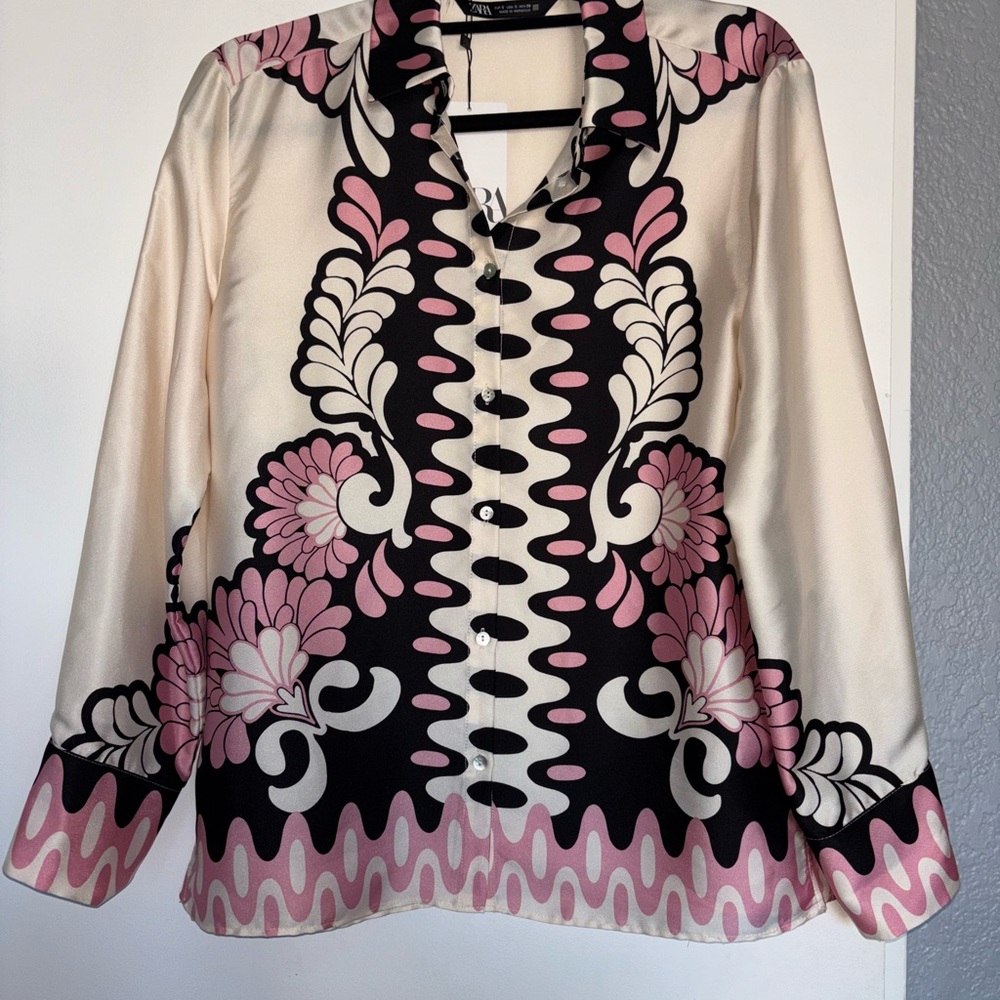 Zara Cream and Pink Patterned Blouse